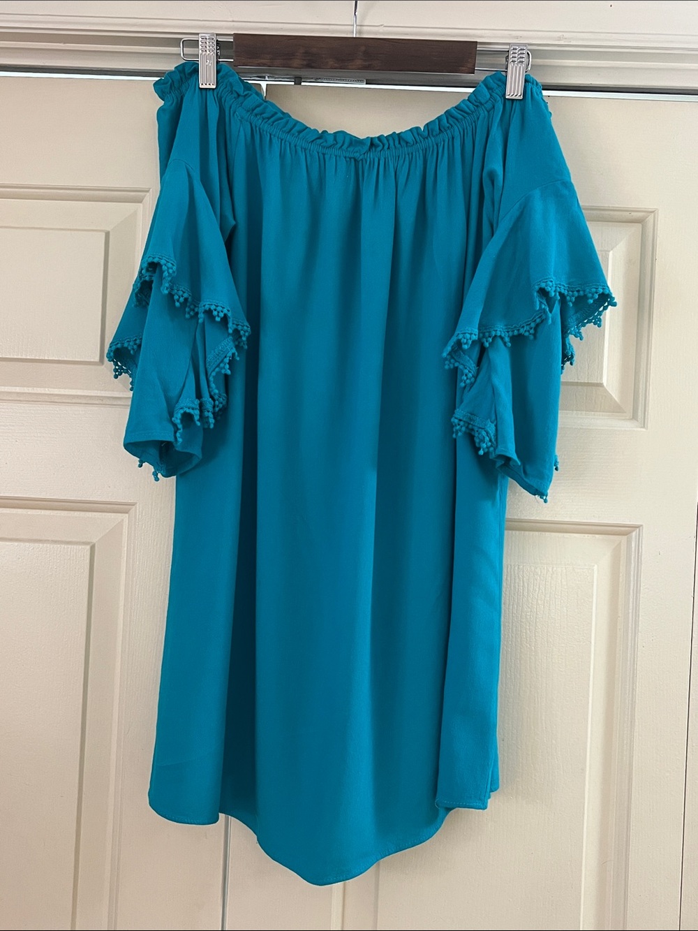 Umgee USA Teal Off-Shoulder Ruffle Sleeve Tunic 60% Cotton 40% Poly